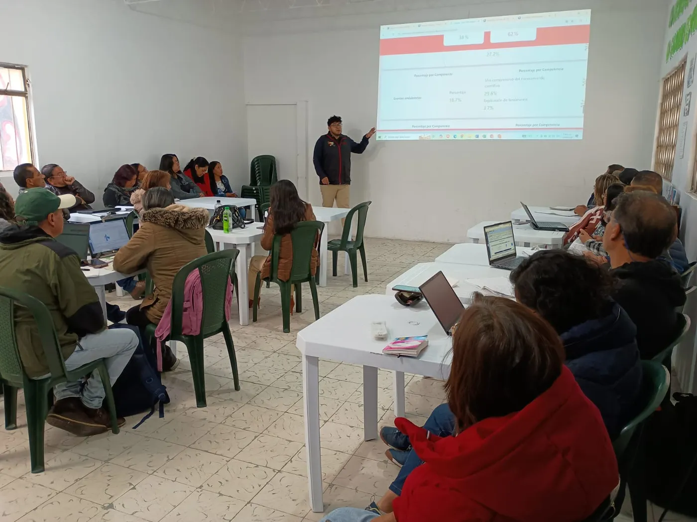 Docente de EDUSUR presentando resultados de simulacro tipo ICFES